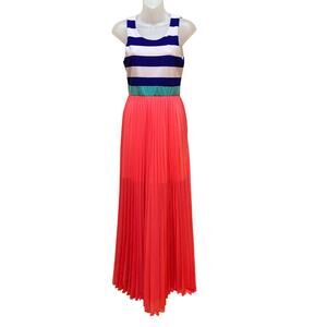 Auditions Pleated Maxi Dress Colorblock Striped Coral Pink Blue Sleeveless M